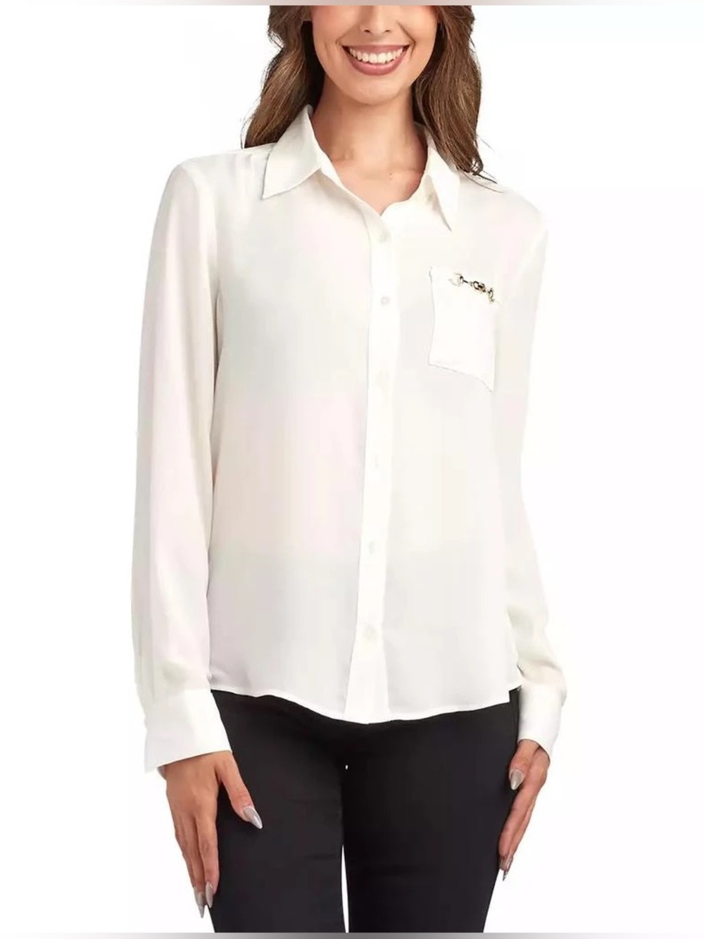 NWT BCX Long-Sleeve Button-Front, Decorative Silver-Toned Chain Detail on Pocket